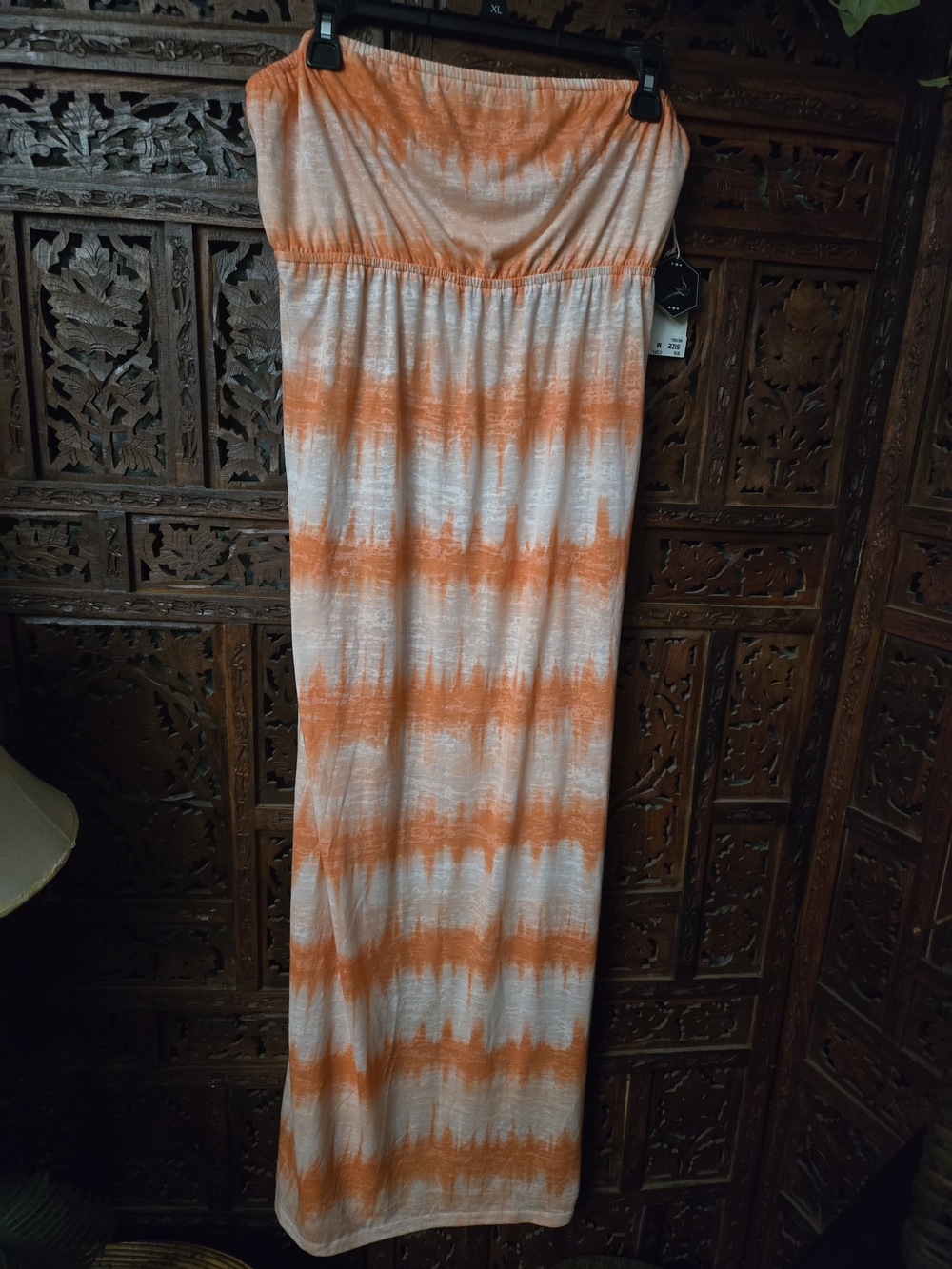 Orange and White Strapless Tie-Dye Maxi Dress